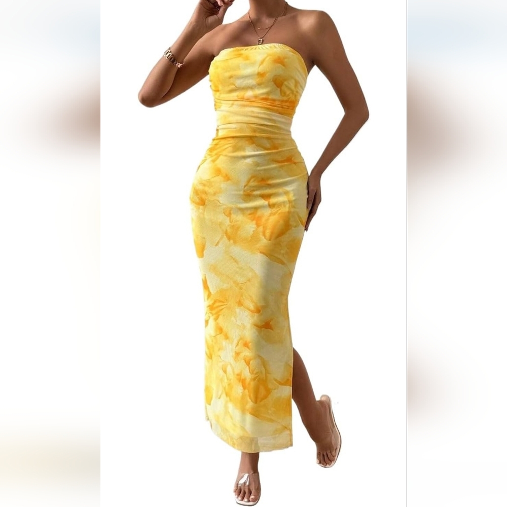 Women's Mesh Floral Strapless Bodycon Maxi Dress Ruched Long Tube Dresses